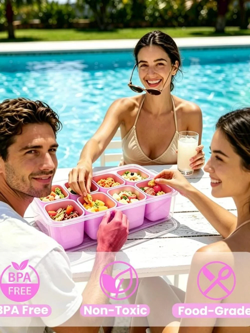 Large Stainless Steel Snack Tray with Lid & Handle, 8-Compartment Platter for